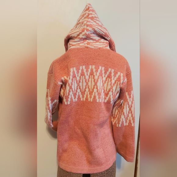 Vintage 70's Coral heavy knit cardigan Fair Isle print pointed hood thick warm - Picture 2 of 8